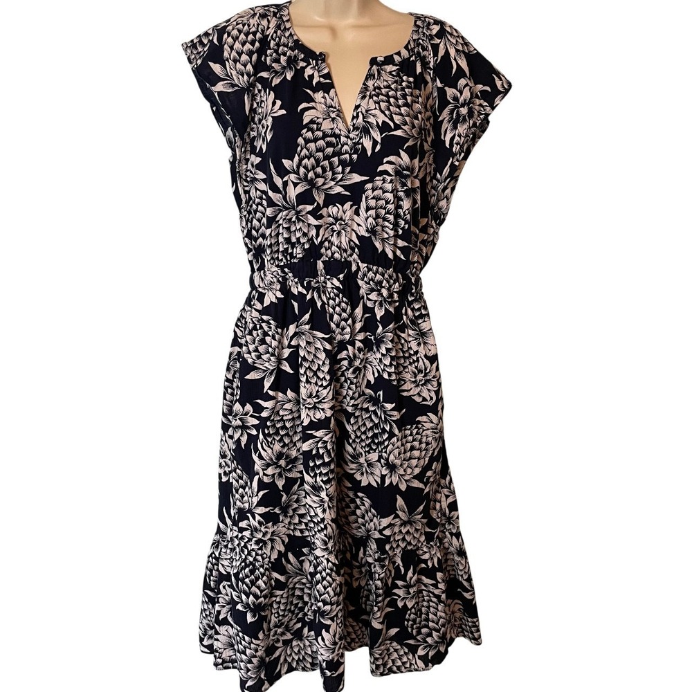 J Crew Factory Womens Sleeveless Crinkle Pineapple Print Dress Sz 4 Blue Pockets